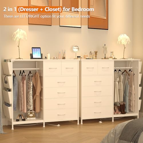 6 Drawer Dresser for Bedroom with Clothes Rack, Clothes Dresser with Side Pockets and Hooks, Charging Station & LED Lights, Wooden Top, Fabric Storage (White) - color: White