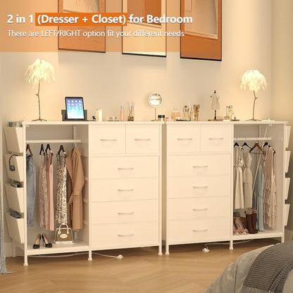6 Drawer Dresser for Bedroom with Clothes Rack, Clothes Dresser with Side Pockets and Hooks, Charging Station & LED Lights, Wooden Top, Fabric Storage (White) - color: White