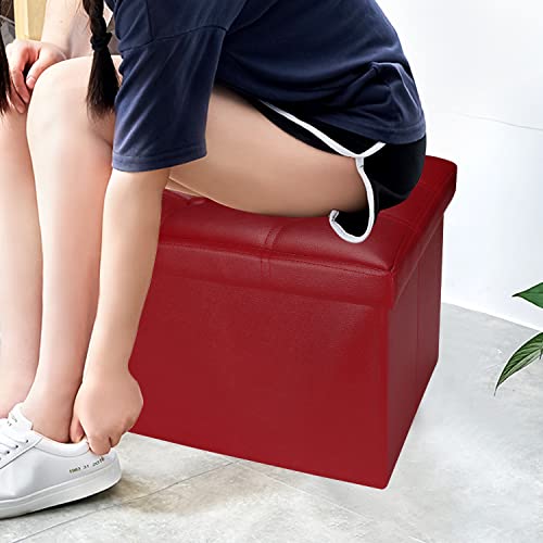 Bsketa Storage Ottoman, Folding Foot Stool with Thicker Foam Padded Seat Small Leather Storage Ottoman Bench Foot Rest for Living Room Foldable Coffee Table 17x13x13in,Red | Ottoman with Storage, Thicker Foam Padded Seat, Living Room, Dorm, Bedroom, Load