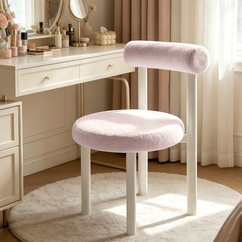 Cute Small Armless Desk Chair, Ergonomic Comfy Vanity Chairs Lumbar Support with Back for Makeup, Teddy Fabric Computer Desk Chair for Home, Bedroom, Vanity, Teens, Adults - color: Pink