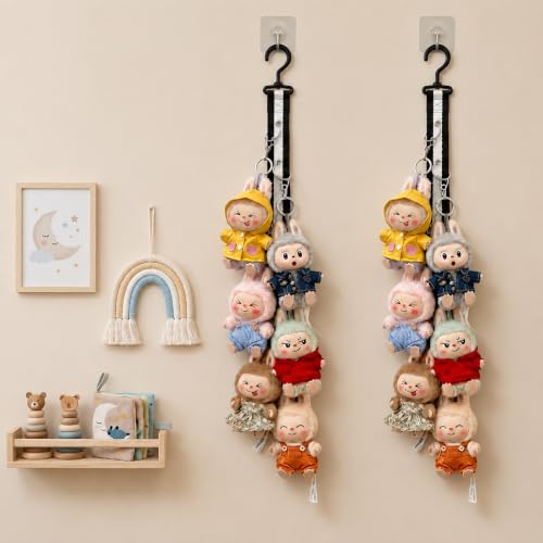 Plush Doll Hanging Storage Rope Display Rack with 8 Clips – Wall Hanging Organizer for Keychain Plushies, Mini Toys– Holds up to 3kg (2 PCS Monochrome) - color: 2 PCS Monochrome