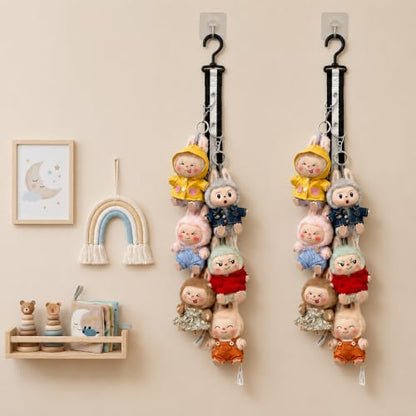 Plush Doll Hanging Storage Rope Display Rack with 8 Clips – Wall Hanging Organizer for Keychain Plushies, Mini Toys– Holds up to 3kg (2 PCS Monochrome) - color: 2 PCS Monochrome