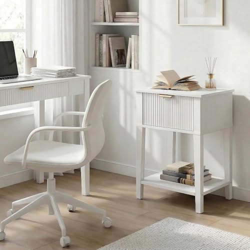 FuniXpress Small Nightstand, 15" Wide, Drawer and Shelf, White Fluted Front | Bright white tone, clean fluted front, 11.8-inch slim depth, smart storage, keeps small rooms light and organized - color: White