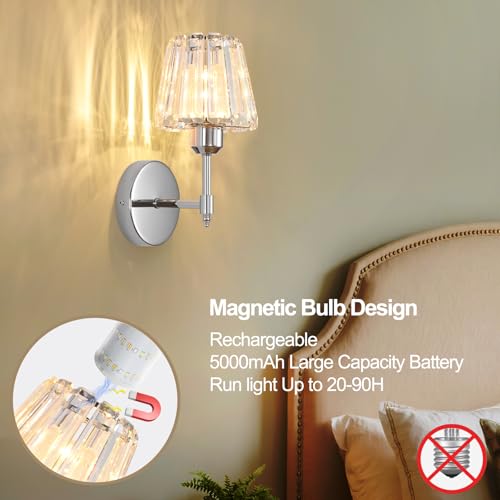 Battery Operated Crystal Wall Sconce Set of 2, Chrome Rechargeable Wireless Wall Sconces with Remote Dimmable 12 Colors Modes Led Wall Lights for Bedroom Living Room Hallway, 2 Bulbs Included - color: Chrome