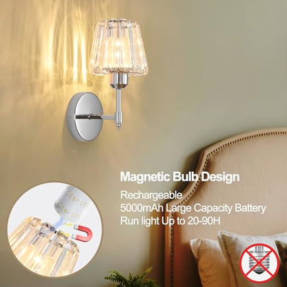 Battery Operated Crystal Wall Sconce Set of 2, Chrome Rechargeable Wireless Wall Sconces with Remote Dimmable 12 Colors Modes Led Wall Lights for Bedroom Living Room Hallway, 2 Bulbs Included - color: Chrome