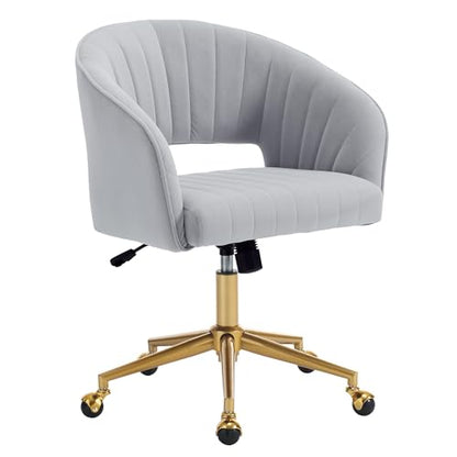 Vanity Chair Velvet Desk Chair with Gold Base for Living Room,Gray | Accent Armchair Upholstered Modern Tufted Chairs for Girls Women Ergonomic Study Seat Computer Task Stools for Bedroom - color: Light Gray