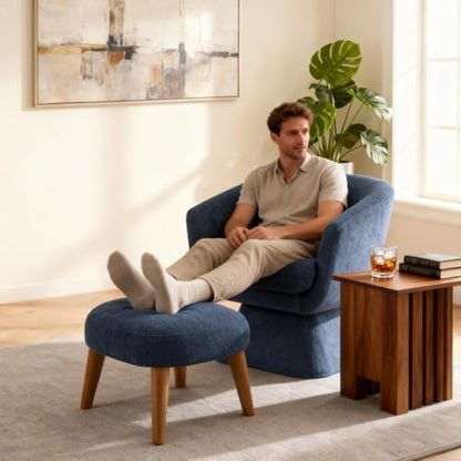 Swivel Barrel Chair and Ottoman Set, 360 Degree Club Chair, Comfy Boucle Armchair and Footstool, Upholstered Accent Sofa Chair w/Footrest for Living Room Bedroom Reception Room, Blue - color: Blue, size: Swivel chair