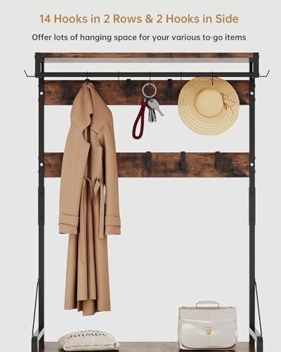 Hall Tree with Bench and Shoe Storage, Freestanding Entryway Coat Rack with 3 Fabric Drawers, 16 Hooks