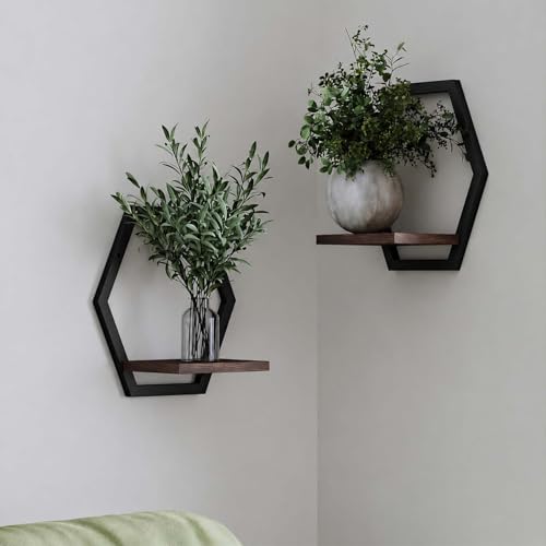2 Pack Walnut Color Solid Wood & Metal Framework Wall Plant Stands,9 inch Natural Wood Shelf of Indoor,Mid Century Modern Hanging Planter for Outdoor Entryway 25 LB Load for Plants Black - color: 2 Pack Black-a
