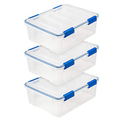 IRIS USA 3-Pack 26.5 Qt Storage Bins with Gasket Lids, Clear/Blue | WeatherPro seal protects everyday essentials in closets, offices and laundry rooms - size: 27 Qt. - 3 Pack