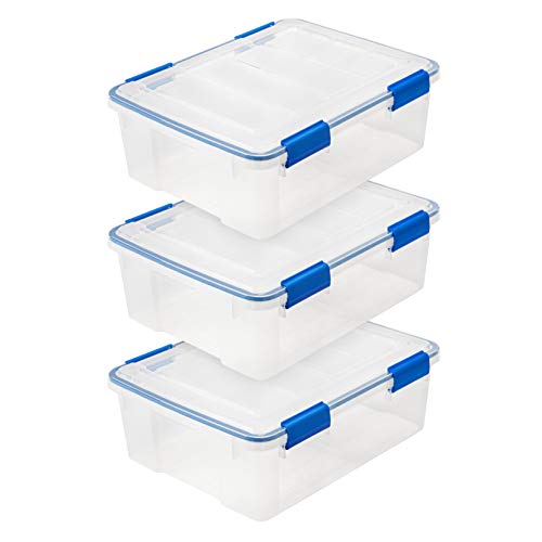 IRIS USA 3-Pack 26.5 Qt Storage Bins with Gasket Lids, Clear/Blue | WeatherPro seal protects everyday essentials in closets, offices and laundry rooms - size: 27 Qt. - 3 Pack