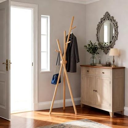 VICITON Wooden Coat Rack, Tripod Coat Tree Freestanding with 3 Hooks for Clothes, Hats and Handbags, Coat Hanger Stand for Bedroom, Living Room, Entryway (Light) - color: Light