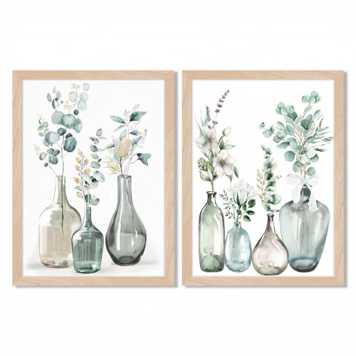 Boho Plant Wall Art Green Botanical 2Pcs Bohemain Framed Wall Printing Neutral Canvas Prints with Eucalyptus Leaf and Glass Bottle Sage Green Wall Decor For Kitchen Dining Room Living Roon Bathroom 8x10IN - color: Plant kitchen Framed, size: 10"L x 8"W