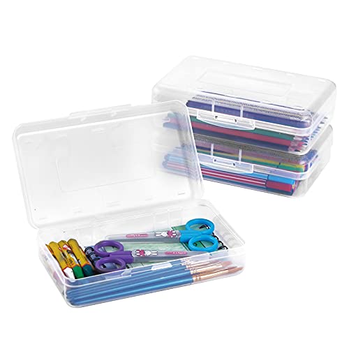 Sooez 3 Pack Pencil Case, Large Hard Pencil Box Bulk, Clear Crayon Box | Marker Pen Organizer, Plastic Storage Container with Snap Lid, Stackable Art Craft Organizer Back to School Supplies, Clear - color: Clear