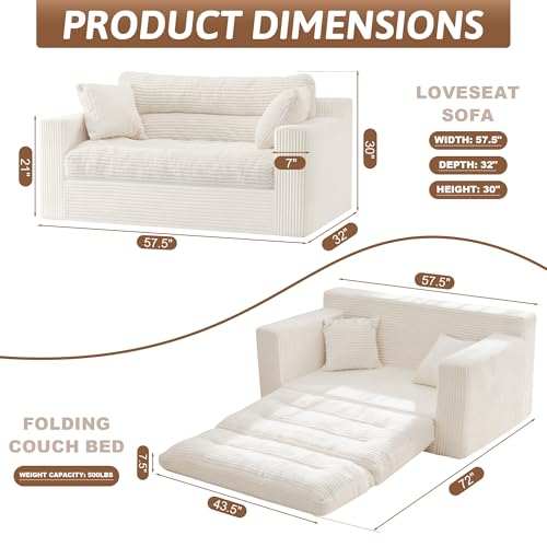 Convertible Sofa Bed, Pull Out Boneless Couch Loveseat Floor Sofa Bed with Pillows, 2-Seater Folding Sofa Loveseat Boneless Couch for Living Room, Bedroom, Apartment, Office (Beige) - color: Beige, size: Loveseat