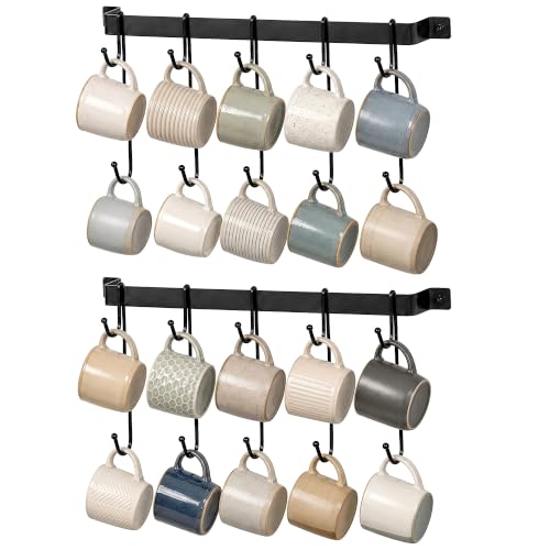 17" Coffee Mug Hook Rack Wall Mounted Set of 2 | Black Metal Tea Cup Holder Hanger Organizer 10 Hooks, Kitchen Rail Utensil Rack for Dining Room Coffee Bar