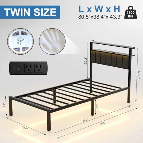 J.Fkne Twin Bed Frames with Charging Station and LED Lights, Twin Size Platform Bed with Metal Slats, Upholstered Headboard with 2-Tier Storage Shelves, No Box Spring Needed, Easy Assembly, Black - size: Twin, style: Casual