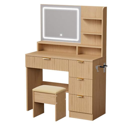 LIVELYGLOW 35.4" Wooden Makeup Vanity Set with Charging Station & Stool | Smart LED Mirror, Fluted Design, Cushioned Stool, Hairdryer Rack - color: Wooden