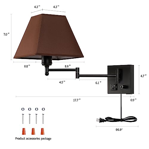 Swing Arm Wall Lamp.Plug in Wall Sconces with USB Port and AC Outlet.Sconces Wall Lighting Coffee Fabric Shade with Dimmable Switch for Hallway Bedroom Living Room.Black Finish. - color: Black