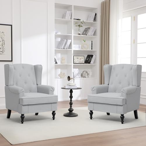 Accent Chair Set of 2, Mid Century Modern Fabric Wingback Chair, Upholstered Armchair with High Back and Vintage Legs, Comfy Single Sofa Side Reading Chair for Living Room Bedroom, Light Grey - color: Light Grey, size: Set of 2