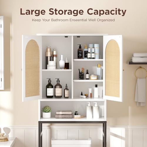 Befrases Rattan Over Toilet Storage Cabinet with Metal Stand | Bathroom Organizer with Adjustable Shelf, Tall Freestanding Washer Shelf, Small Cupboard, Space Saver, White - color: Rattan Door-white