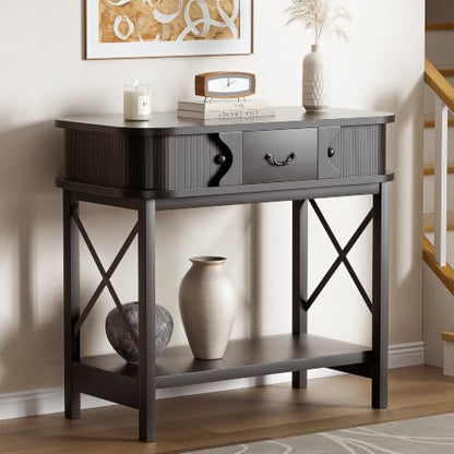 39'' Narrow Console Table, 2-Tier entryway Sofa Table, Black | Narrow Console Table with Drawer & Cabinets; Sturdy X-Frame, Slim Wood for Entryway, Hallway, Living Room & Behind Couch - color: Black