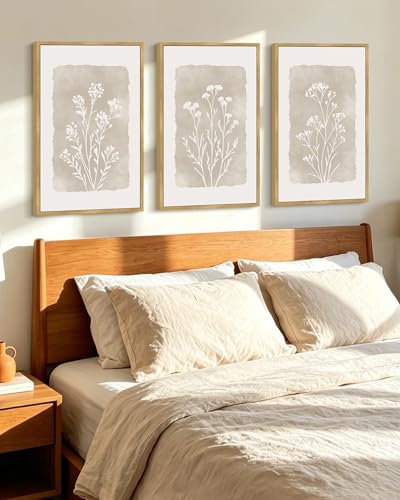 KUVIOKE Boho Botanical Flower Framed Wall Art Farmhouse Vintage Floral Wall Painting Rustic Wildflower Neutral Prints for Living Room Bedroom 16x24in (Natural Framed) - color: Watercolor Flower, size: 16 x 24in x 3 Panels Natural