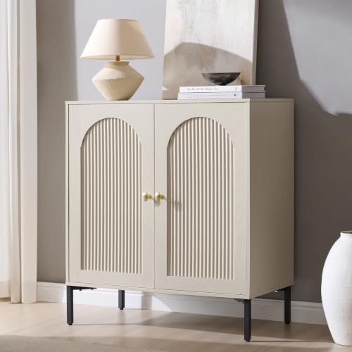IFBUY 30.88" W Mid Century Modern TV Stands for Living Room, Cream | Wood Entertainment Center w/Adjustable Shelves, Media Console w/Arched Fluted Doors, Entryway Cabinet Fits 65, 70, 75 Inch TV - color: Cream, size: 15.75"D x 30.88"W x 34"H
