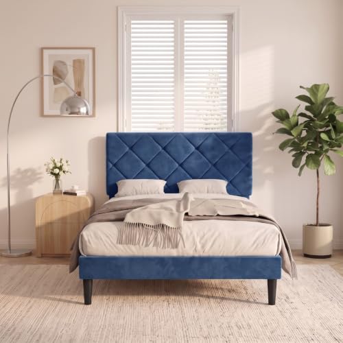 Twin Size Bed Frame with Adjustable Diamond Headboard,Velvet Fabric Upholstered Platform Bed,No Box Spring Needed, Easy Assembly, Noise Free, 600 lbs Capacity, Under Bed Storage for Small Space,Blue - color: Blue