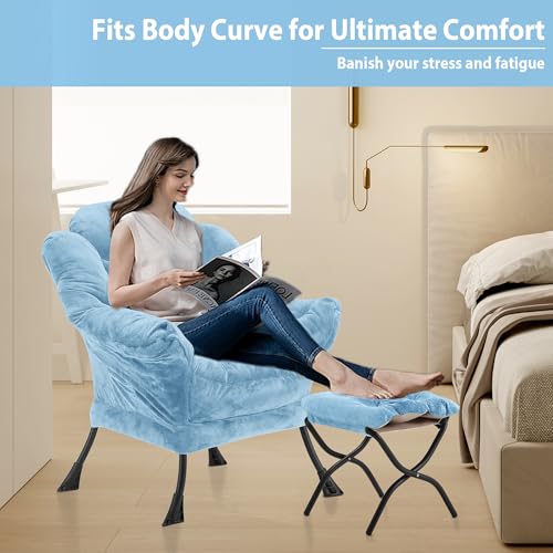 Youtanic Lazy Chair with Folding Ottoman, Accent Chair Plush Upholstered with Metal Structure and Non-Slip Pads, Sofa Armchair with Footrest and Side Storage Bag for Dorm, Room, Office, Blue - color: Plush Blue