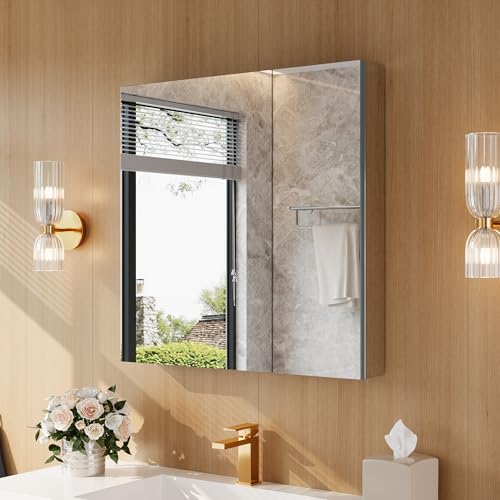 30" x 30" Bathroom Medicine Cabinet with Mirror, Recessed or Wall Mount | Medicine Cabinets with Adjustable Glass Shelves, Soft-Closed Hinge, Chrome Aluminum Frame, Reverse Installation - size: 30" x 30"