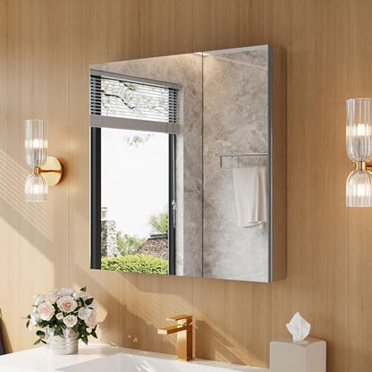 30" x 30" Bathroom Medicine Cabinet with Mirror, Recessed or Wall Mount | Medicine Cabinets with Adjustable Glass Shelves, Soft-Closed Hinge, Chrome Aluminum Frame, Reverse Installation - size: 30" x 30"