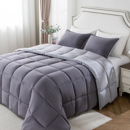KASENTEX Queen Comforter Set – Reversible Dual Color – Goose Down Alternative – Ultra-Soft, Lightweight, Machine Washable, Maintain Fluffiness, All Season Warmth (Quartz Silver/Pebble Grey) | 250 GSM Fill, Ultra-Soft, Lightweight, Machine Washable, 1 Comf