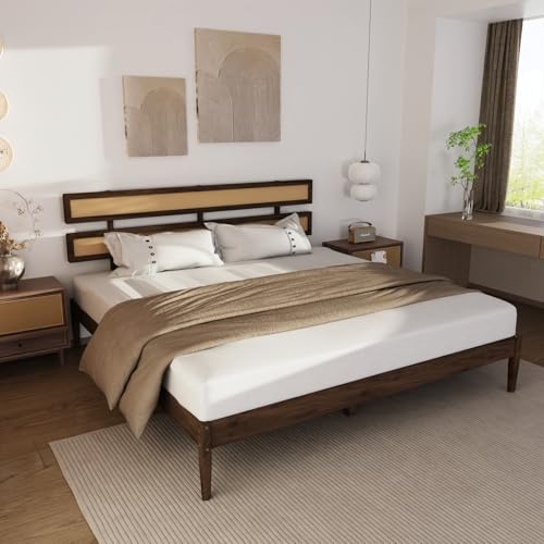VINGLI Solid Wood King Size Rattan Bed Frame with Headboard, Boho Platform Panel Bed,Brown - size: King (U.S. Standard)