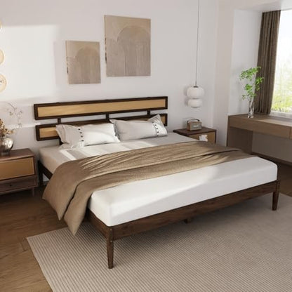 VINGLI Solid Wood King Size Rattan Bed Frame with Headboard, Boho Platform Panel Bed,Brown - size: King (U.S. Standard)