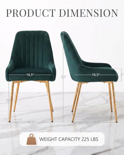Green Velvet Dining Chairs Set of 6, Modern Kitchen and Vanity Chairs | Modern upholstered vanity chairs with gold metal legs, stain-resistant hand-quilted fabric, high-density foam cushion seat - color: Green, size: Set of 6