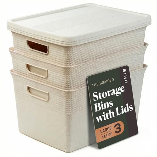 BINO | Plastic Storage Bins with Lids, 22 Liter - 3 Pack, Natural | THE BRAIDED COLLECTION | Plastic Bins for Organization Woven Storage Baskets for Organizing Pantry Shelf Organizer Basket Bin - color: Natural, size: 22L | 3-Pack