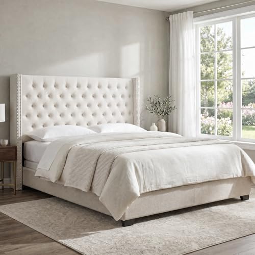 Madison Park King Wingback Upholstered Tufted Headboard, Featuring High-Density Sponge Padding, Adjustable Height Headboard, Easy Assembly, Beige Velvet - color: Beige Velvet, size: King