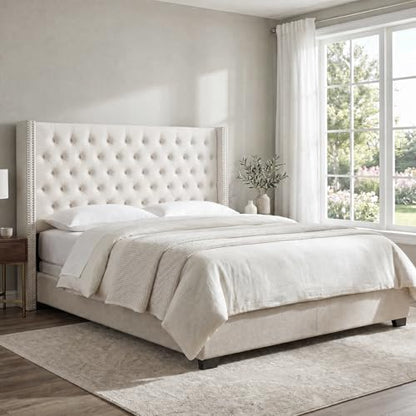 Madison Park King Wingback Upholstered Tufted Headboard, Featuring High-Density Sponge Padding, Adjustable Height Headboard, Easy Assembly, Beige Velvet - color: Beige Velvet, size: King