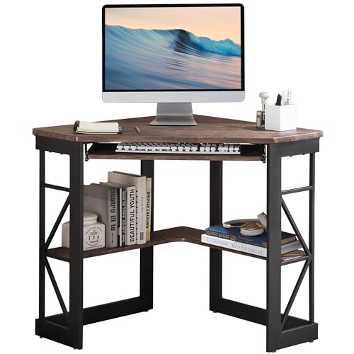 VECELO Corner Computer Desk 41 x 30 inches with Smooth Keyboard & Storage Shelves for Home Office Workstation,Rustic Brown - color: Rustic Brown