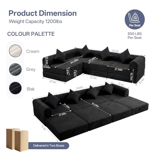 112" L Shaped Modular Sectional Sofa with Ottoman, Cloud Boneless Couch Deep Seat with 4 Pillows, Oversized Folding Sofa Bed Couches for Living Room Bedroom,No Assembly-Black - color: Solid Black, size: 4 Seat