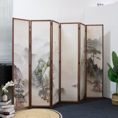 6 Panel Room Divider Screen,Double Faced Room Divider Folding Wall Divider for Room Separation,Mountains and Waters Landscape,67" H x 94.5" W - color: Mountains and Waters, size: 6 Panel