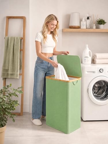 IEGrow Laundry Hamper with Lid,110L Laundry Basket with Mesh Bags,Green | Dirty Clothes Hamper Basket with Bamboo Handle for Clothes Towels - color: Green, size: 110L