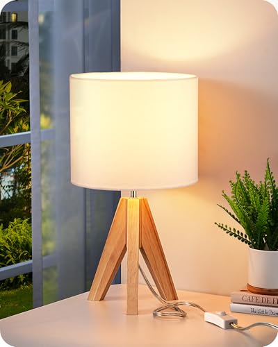 EDISHINE Small Cute Table Lamp, Wood Tripod Nightstand Lamp, 14.2 Inch | ON/Off Switch, E26 Socket, Linen Fabric Shade, Mid Century Bedside Lamp for Nursery, Living Room, Bedroom, End Table - color: Natural Wood&White Shade