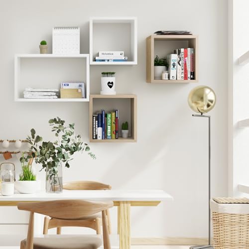 Wall Mount Shelf Set of 4, Floating Cube Shelves for Space Discovery Home and Commercial Use, Large Size Shelves Set, Oak - color: Oak, size: Set4