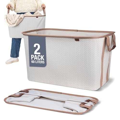CleverMade Collapsible Laundry Basket LUXE, 60L Pop-Up Hamper 2 Pack, Cream | Elevate Open-Room Laundry Storage | Cotton-Blend Fabric and Vegan Leather Add Polish, While Each Basket Holds 55 lb - color: Cream Herringbone