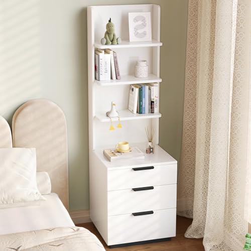 Tall Nightstand with Drawers & Open Shelves, 51.18" Bedside Storage Cabinet, Modern Free-Standing Bedroom End Table with Bookcase, Space-Saving, Easy Assembly, White