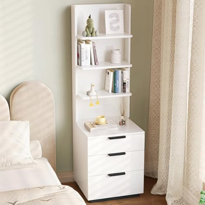 Tall Nightstand with Drawers & Open Shelves, 51.18" Bedside Storage Cabinet, Modern Free-Standing Bedroom End Table with Bookcase, Space-Saving, Easy Assembly, White