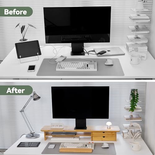 Bamboo Dual Monitor Stand, Natural Desk Shelf with Storage | 39.3 inch Monitor Riser with 2 Drawers, Desk Stand with Cable Management for Home Office, Printer, Laptop