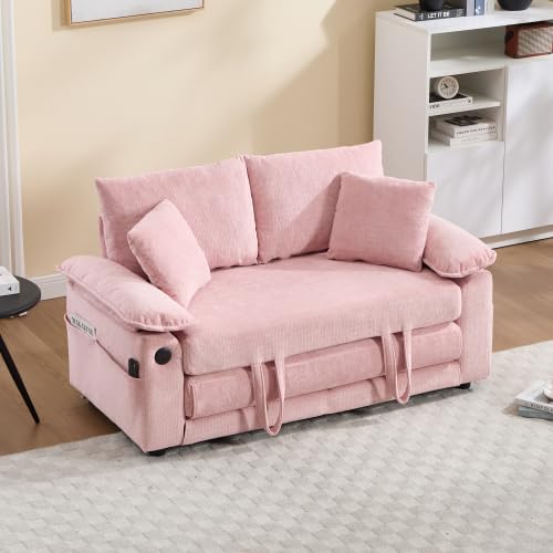Convertible Sofa Bed, Foldable Space Saving Loveseat Floor Lounge Couch | 3-in-1 Convertible Velvet Sofa Bed, Foldable Loveseat Couch, Space Saving Floor Sleeper Lounge Mattress for Small Apartment - color: Pink